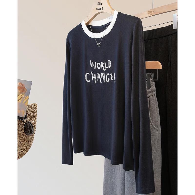 Women s Color Block Letter Print Round Neck Long Sleeve T-Shirt L