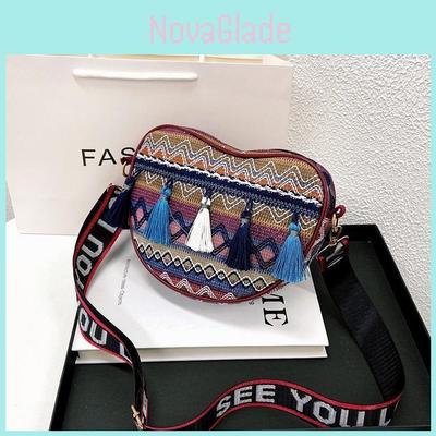 Bohemia Tassel Woven Small Shoulder Bag With Zipper Closure For Casual Day Use
