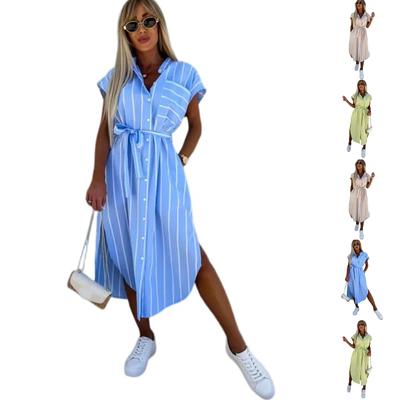 Damen Locker Bequem Lässig Modisch Kurzärmlig Gestreift Bedruckt Bund Kleid