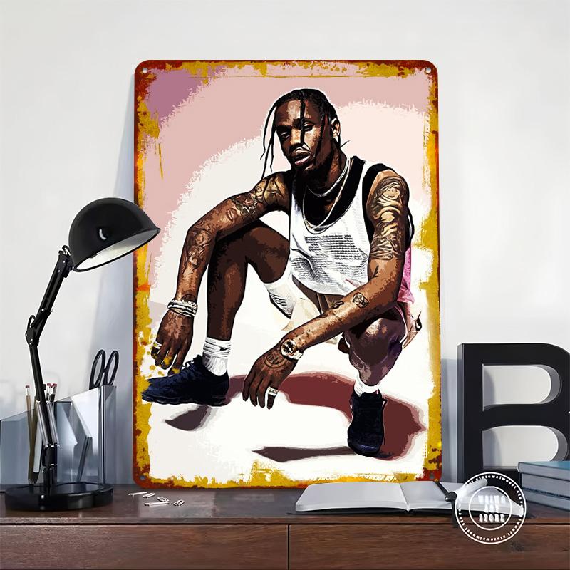 Travis Scott Portrait Tinplate Poster Customized Wall Art Vintage Retro Metal Signs for Aesthetic Decoration Room Wand Deko Home