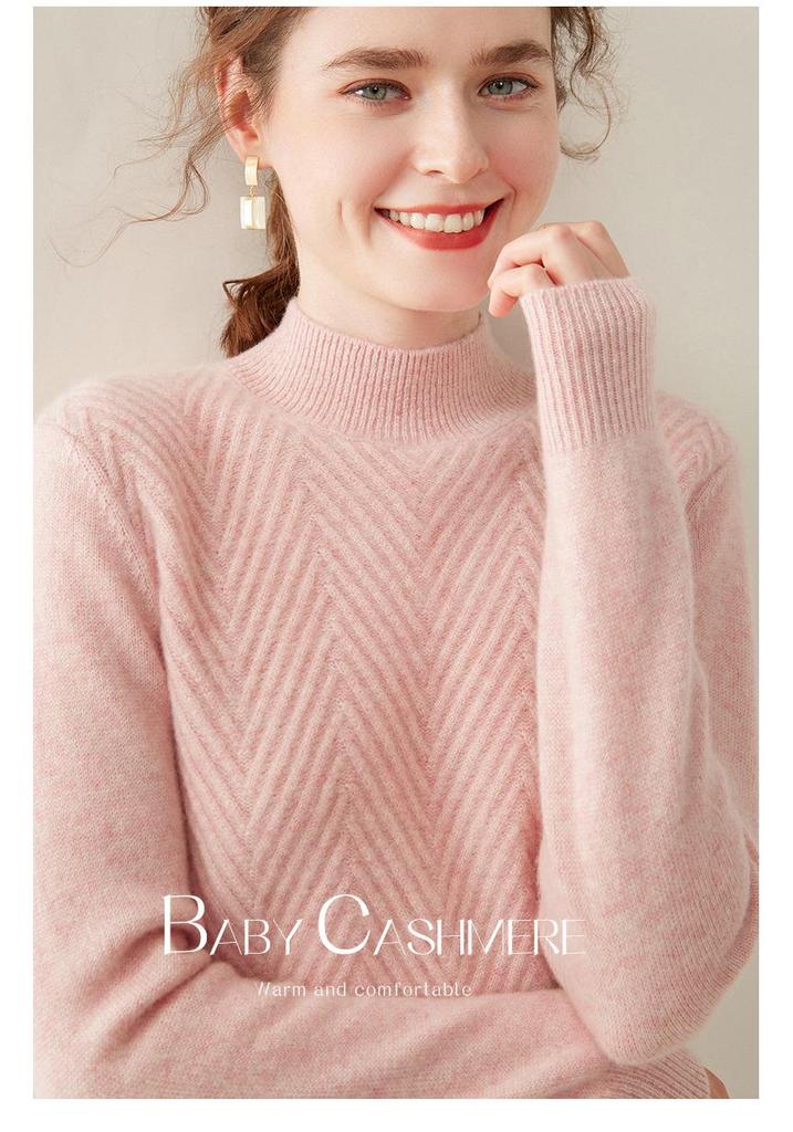 Women's Cashmere V-Neck Twill Sweater - Half-High Collar, Long Sleeve, Loose Fit, Slimming Base Layer for Autumn & Winter.