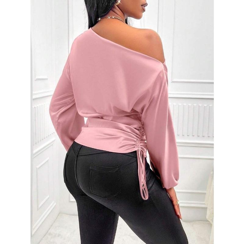 

Весна и лето Длинные рукава Повседневные блузки Модные Элегантные Косой Воротник Женские Свободные Рубашки Топы Простая Асимметричная Рубашка Женская Одежда 3443 XL розовый