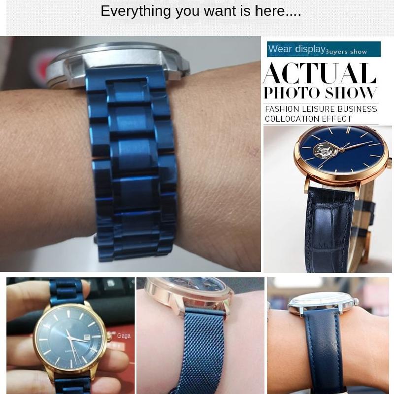 Blue Stainless steel strap substitute Rossini Medal Citizen Armani Longines Blue Cowhide Watch Chain Bracelet 20mm 21mm 22mm