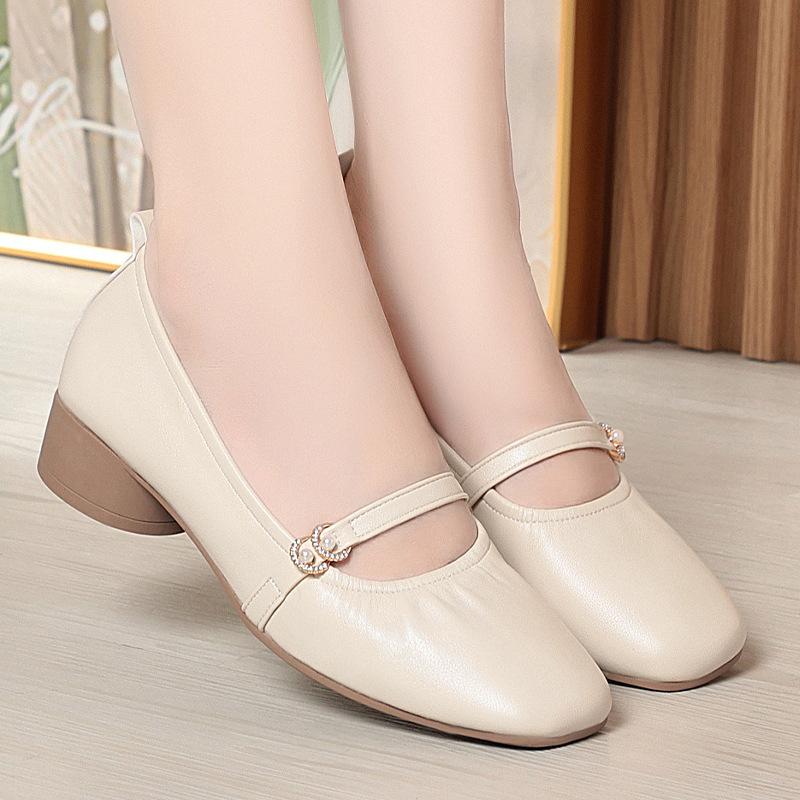 Zapatos Mary Jane de Tacón Bajo para Mujer, Zapatos de Cuero Estilo Francés, Zapatos Cómodos para Ir al Trabajo en Primavera y Otoño