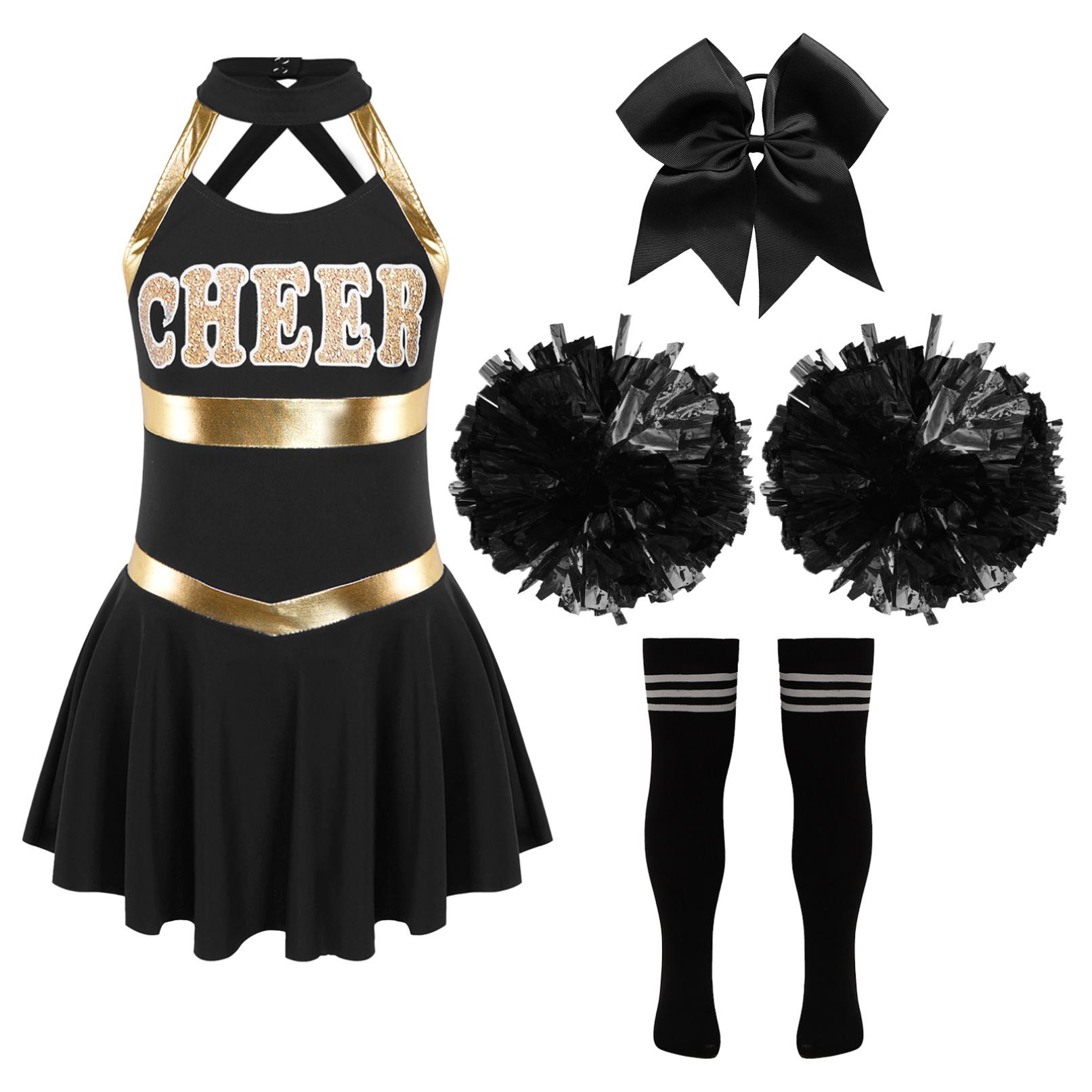 

Діти Дівчата Костюм Cheer Leader Хеллоуїн Косплей Одяг для вечірки Уніформа Сукня без рукавів з помпонами Гумка для волосся Шкарпетки 7-8 Years чорний