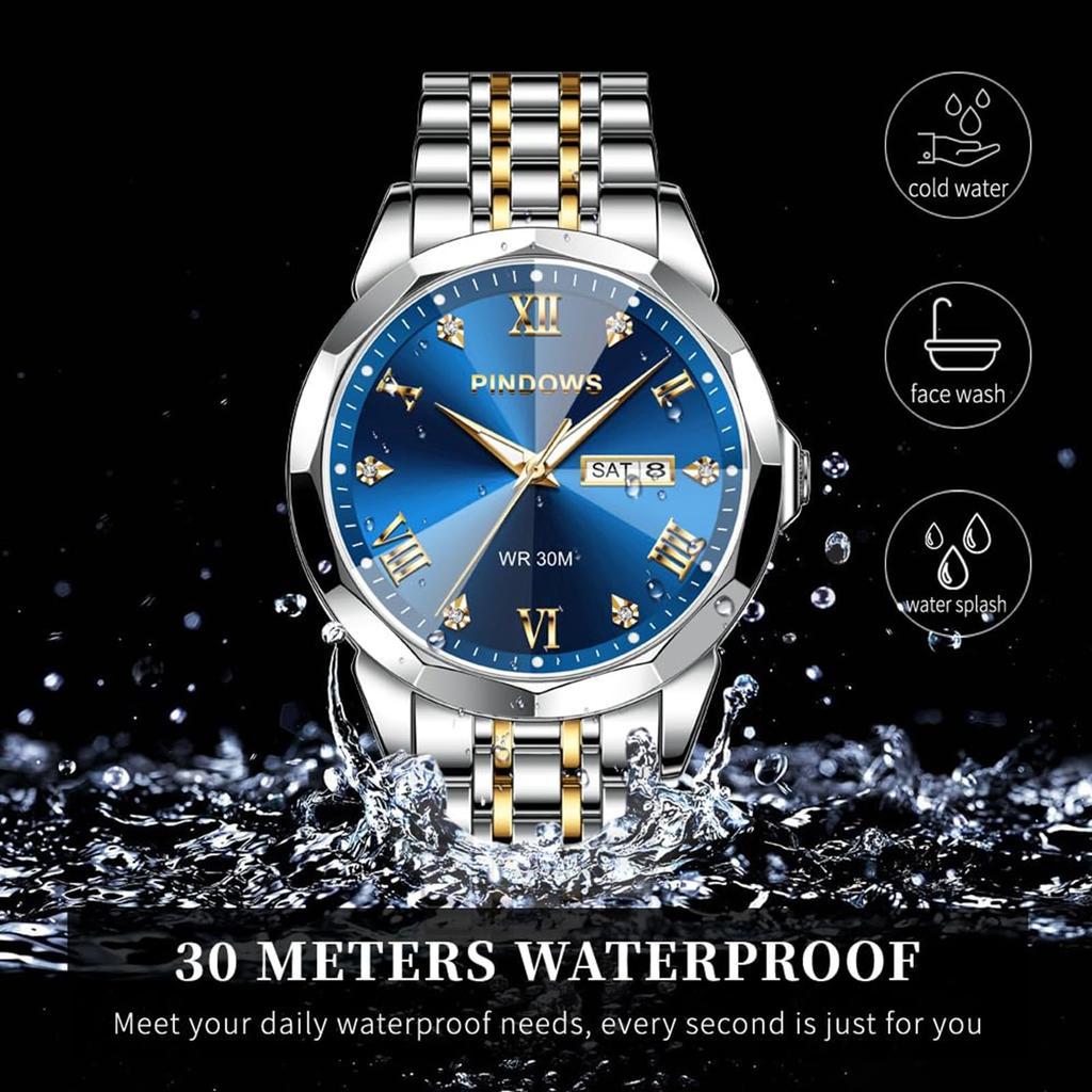 PINDOWS Diamant Business Kleid Analog Quarz Luxus Wasserdicht Leuchtend Datum Edelstahl Klassische Modeuhr Herrenuhr, Anzeige, Zweifarbig