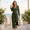 Damen V-Ausschnitt Taillenbetonender Langarm-Jumpsuit, Farbe, Elegant für Arbeit und Abend
