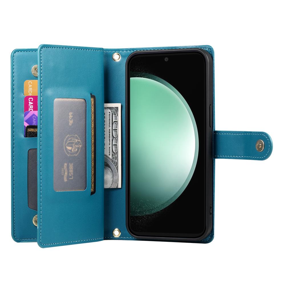 DF-011 For Samsung Galaxy S24 FE Case Zipper Pocket Wallet Leather Phone Cover with Straps