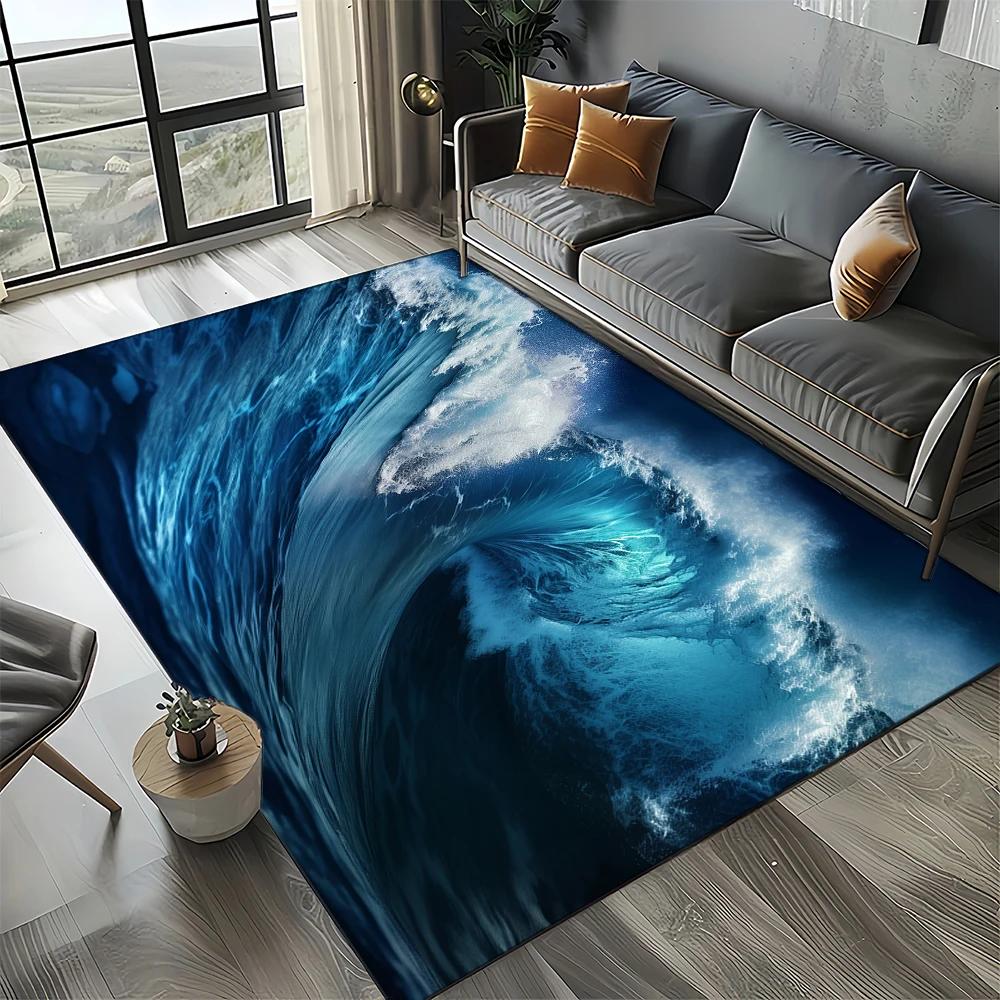 2025 New Style Blue Green Sea Wave Seawater Nature 3D Carpet Rug for Living Room Bedroom Home Sofa Decoration,Non-slip Floor Mat