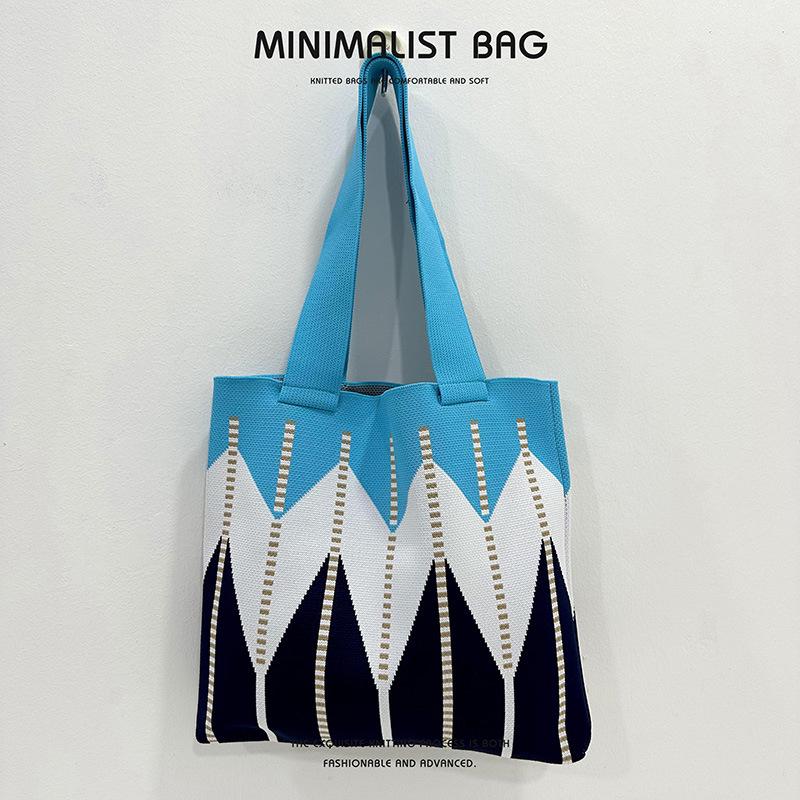 

Трехцветная вязаная корейская сумка-тоут с ромбовидным узором - Универсальная, вместительная наплечная сумка-хобо синий