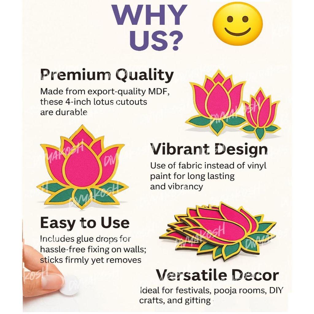 Holz-Lotus-Ausschnitte, 12 Stück, mit Klebepunkten | MDF-Ausschnitte in Exportqualität für DIY-Rangoli, Tempeldeko, Wanddekoration, Eingangstürdekoration