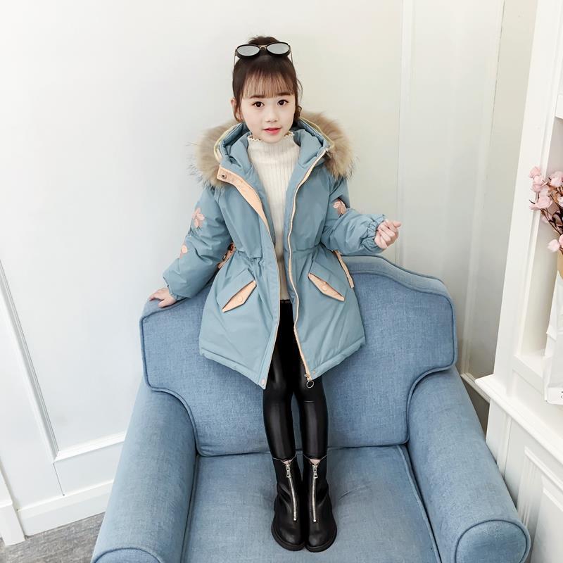 Down Padded Jacket Winter Girls Flower Baby Mid Length Cotton Coat Childrens Hooded Clothes