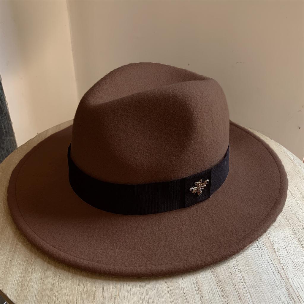 New French Wool Topper Hat with Big Brim Showing Face for Women's Little Bee British Style Versatile Jazz Hat