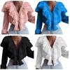 V-neck Sleeve Solid Long Chiffon Shirt Color Loose Ruffle Collar Sweet Pullover Blouse