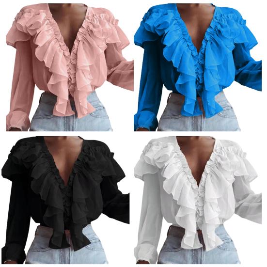 V-neck Sleeve Solid Long Chiffon Shirt Color Loose Ruffle Collar Sweet Pullover Blouse