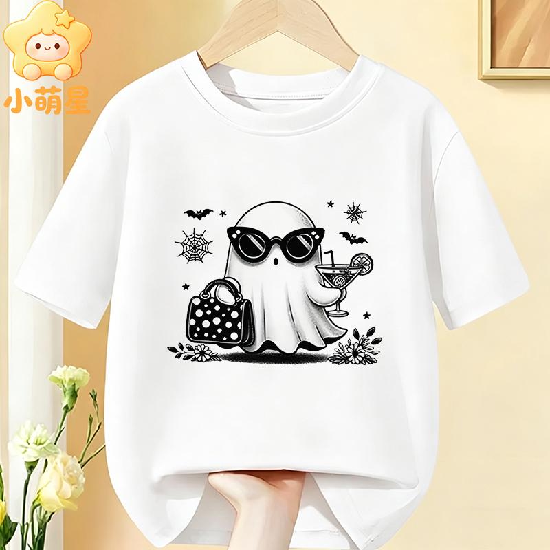 Cotton Kids Halloween T‑Shirt Adorable Ghost Riding Bike Flower Basket Bat Star Holiday Print Short Sleeve O‑Neck Children Tees