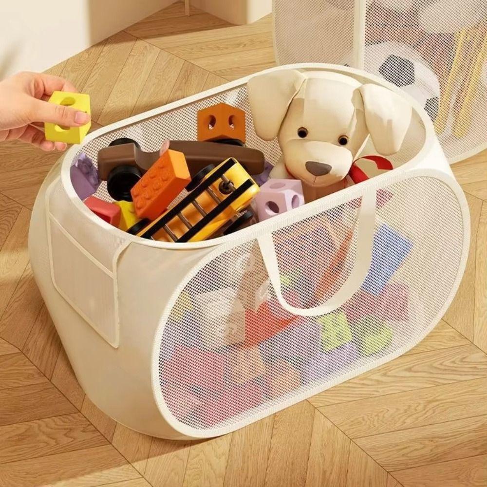 Large Capacity Kids Toy Storage Bin Mesh Plush Toys Organizer Folding Laundry Basket Playroom