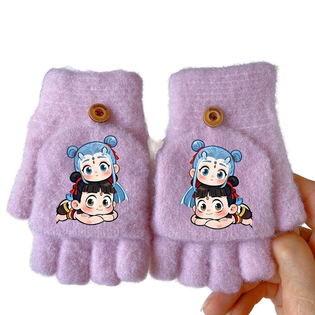 Nezha Ao Bing Winter Cartoon Fingerless Gloves: Thick, Windproof, Warm Knit for Girls