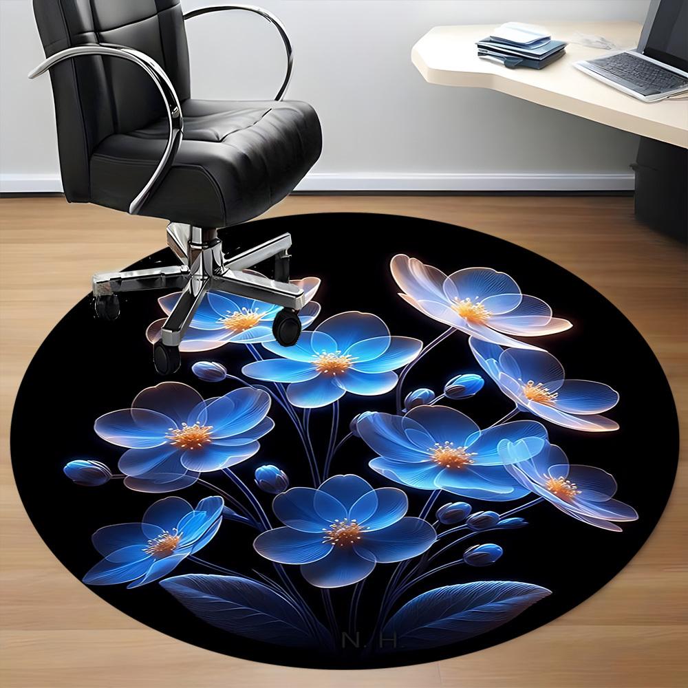 1pc Glowing Blue Flowers Chair Carpet for Office, Round Non-Slip Durable Large Size Office Carpet, Suitable for Office, Beautiful Decoration