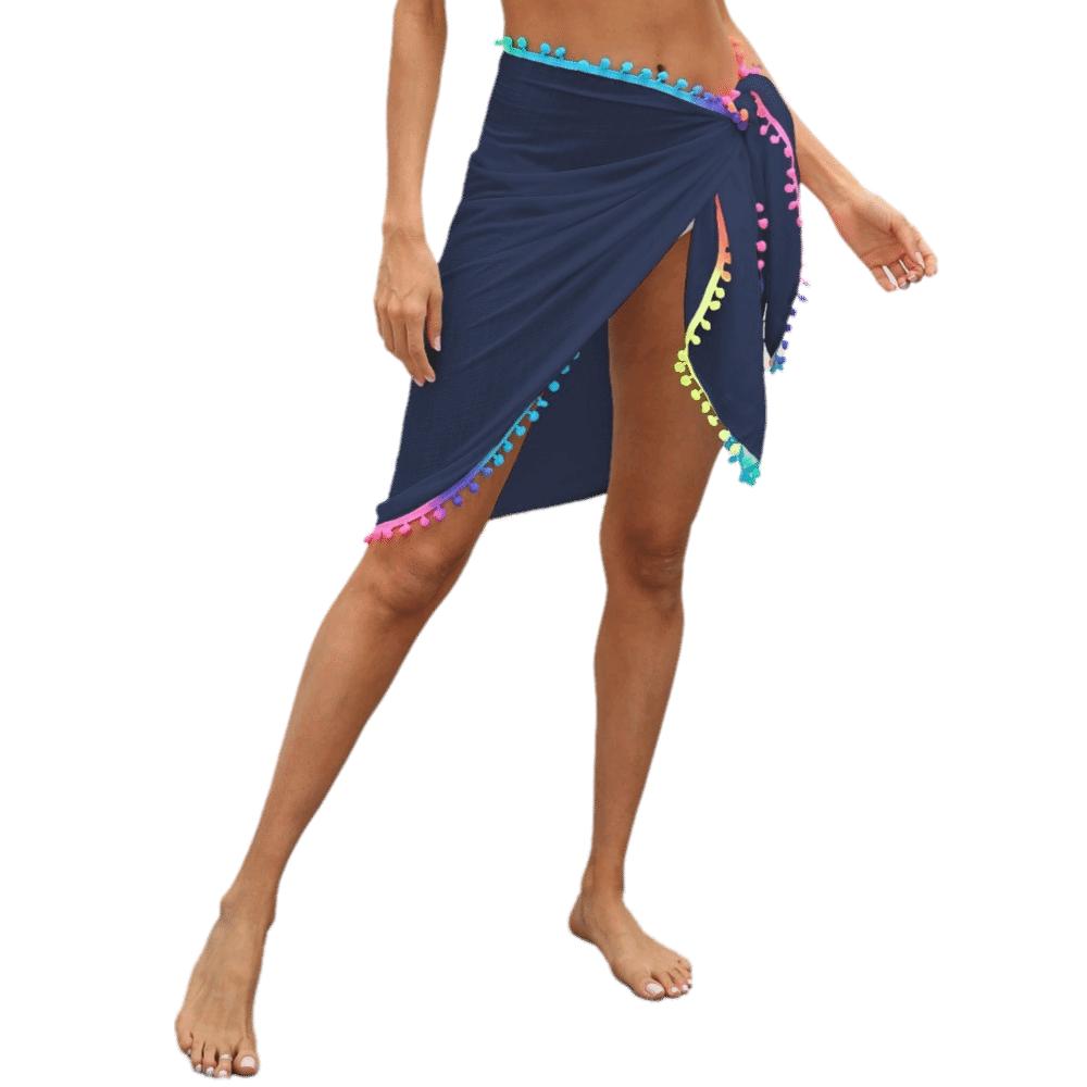 Colorful Pompom Tassel Skirt Bikini Cover Chiffon Swimsuit Sarong Sheer Mesh Skirt Beach Vacation