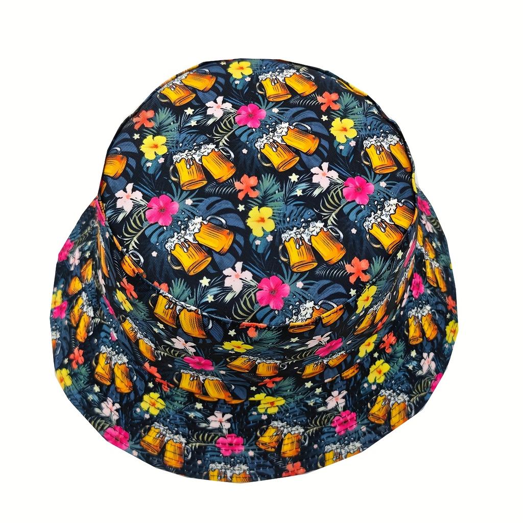 Spring-Summer Casual Floral Beer Pattern Printed Bucket Hat, Unisex Outdoor Vacation Sunshade Reversible Bucket Hat