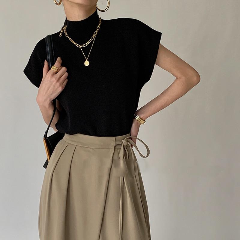Stand-up Collar Knitted Blouse Vest Short Sleeve Solid Office Lady Casual Shirt Fashion Loose Elegant Straight Summer Tops 20397