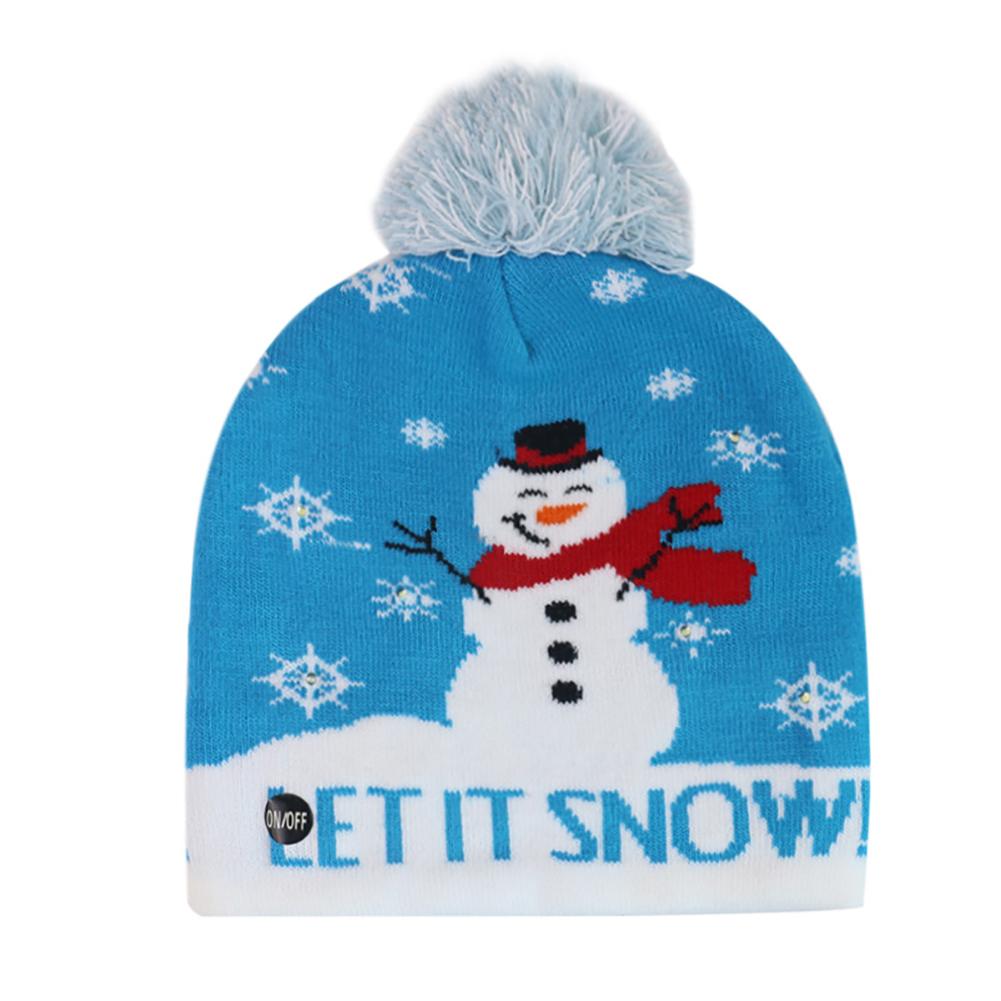 Christmas Knitting Hat Colorful LED Light Wool Ball Snowman Snowflake Elk X-mas Tree Beanies