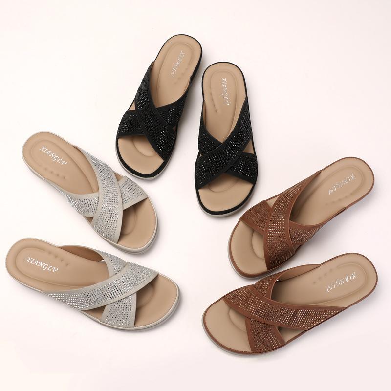 Slippers Women's Summer Heel Open-toe Fashion Rhinestone Roman Sandals Travel Beach Shoes