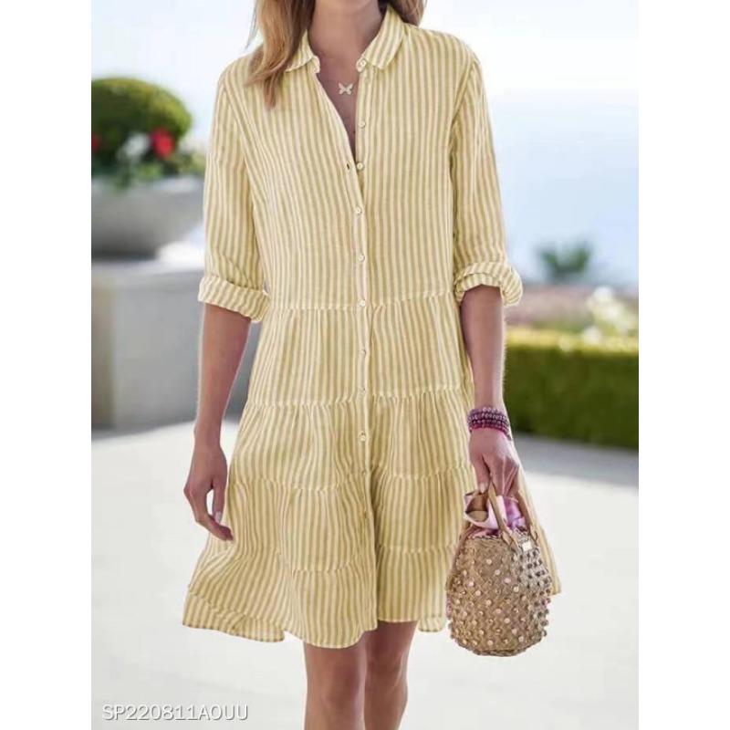 Summer long-sleeved women's striped lapel dress, elegant, generous, comfortable and versatile