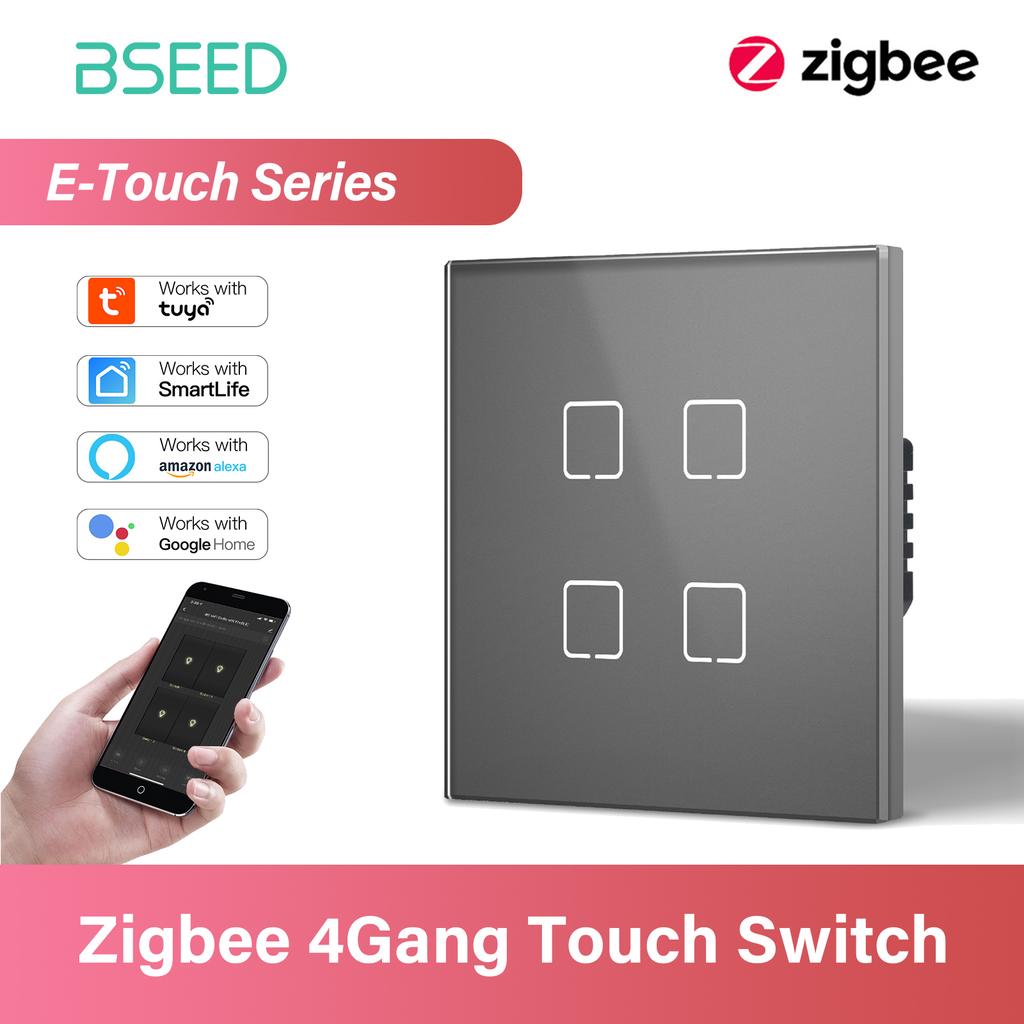 BSEED 1/2/3/4Gang Zigbee Touch Switch Glass with EU Sockets Smart Wall Light Switch Touch Screen Backlight E Series