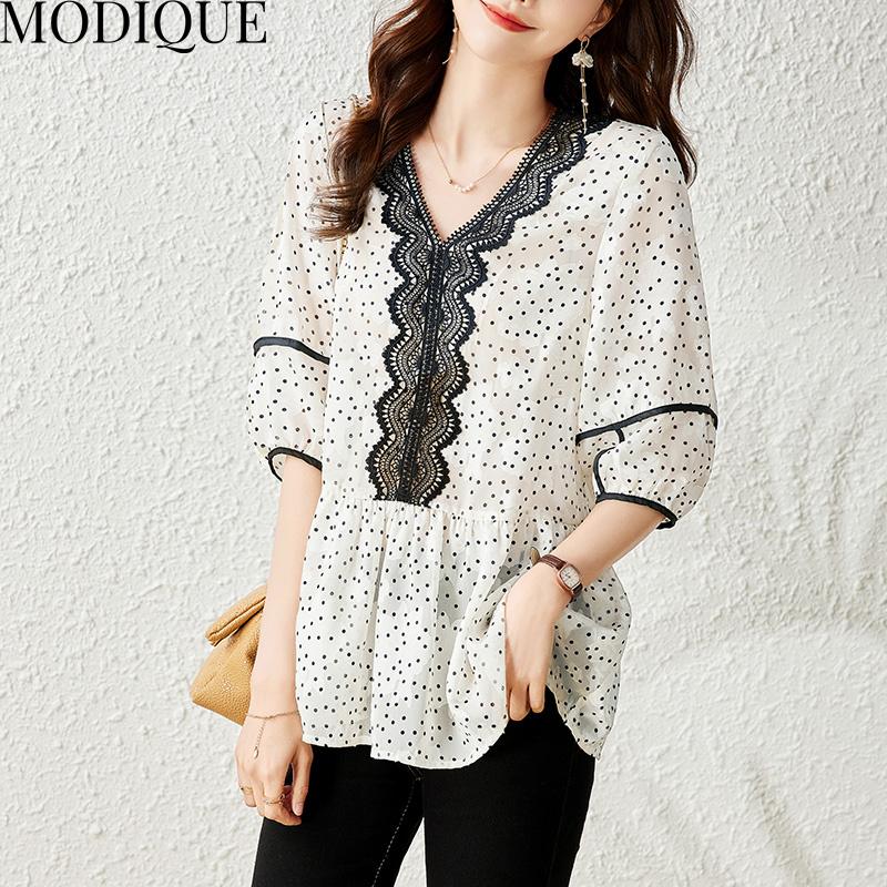 MODIQUE Summer Plus Size Summer Women T-Shirt Casual Loose V-Neck Lace Cotton Linen Tees Short Sleeve Elegant Lady Big Size