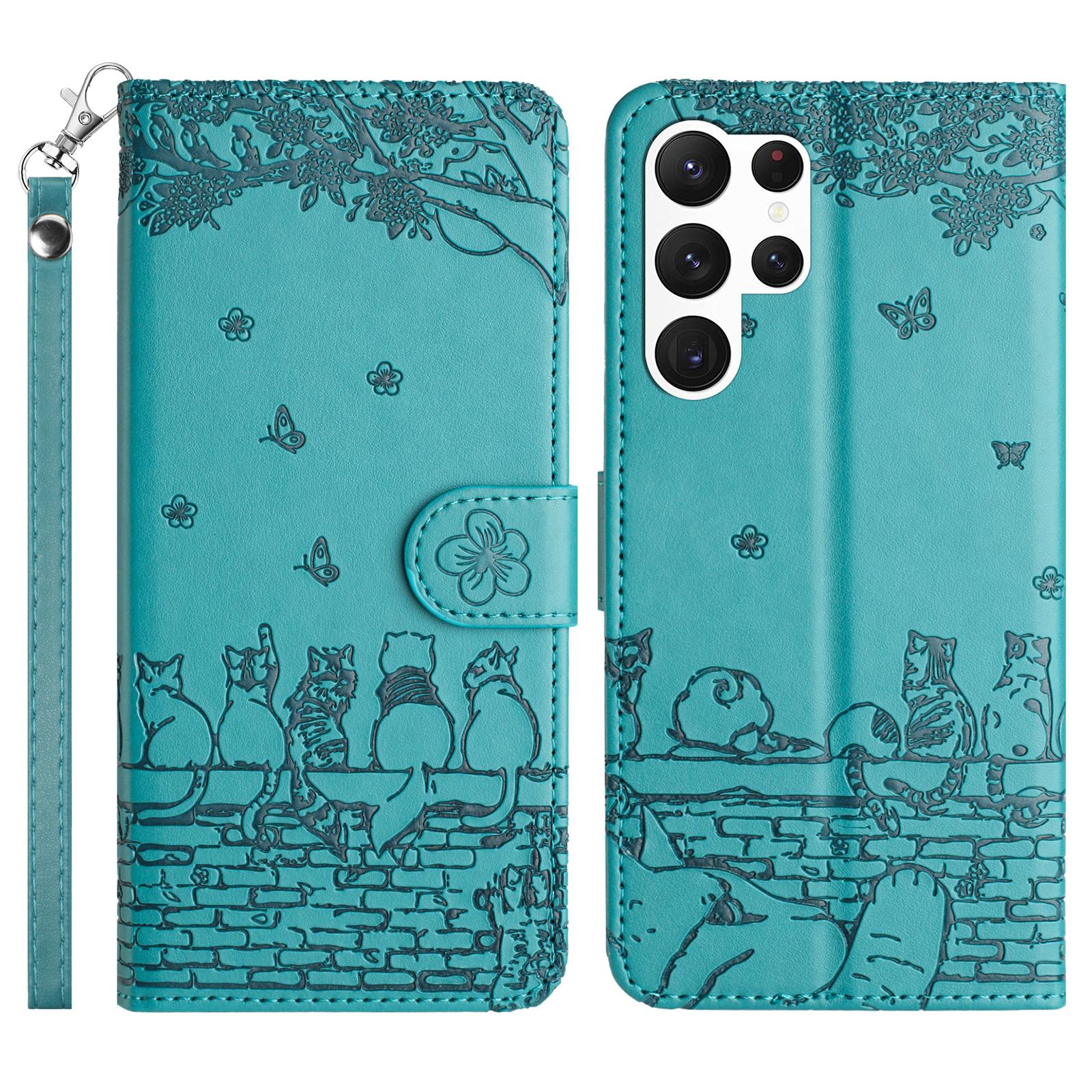 

For Samsung Galaxy S25 Ultra Case with Wrist Strap Leather Phone Cover Wall Cats Pattern Blue