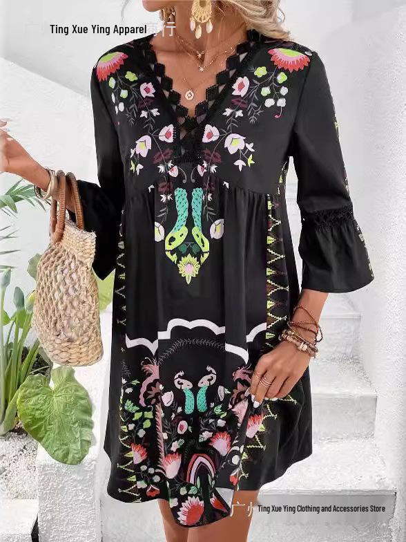 Women's Summer V-Neck Lace Patchwork Casual Printed Dress