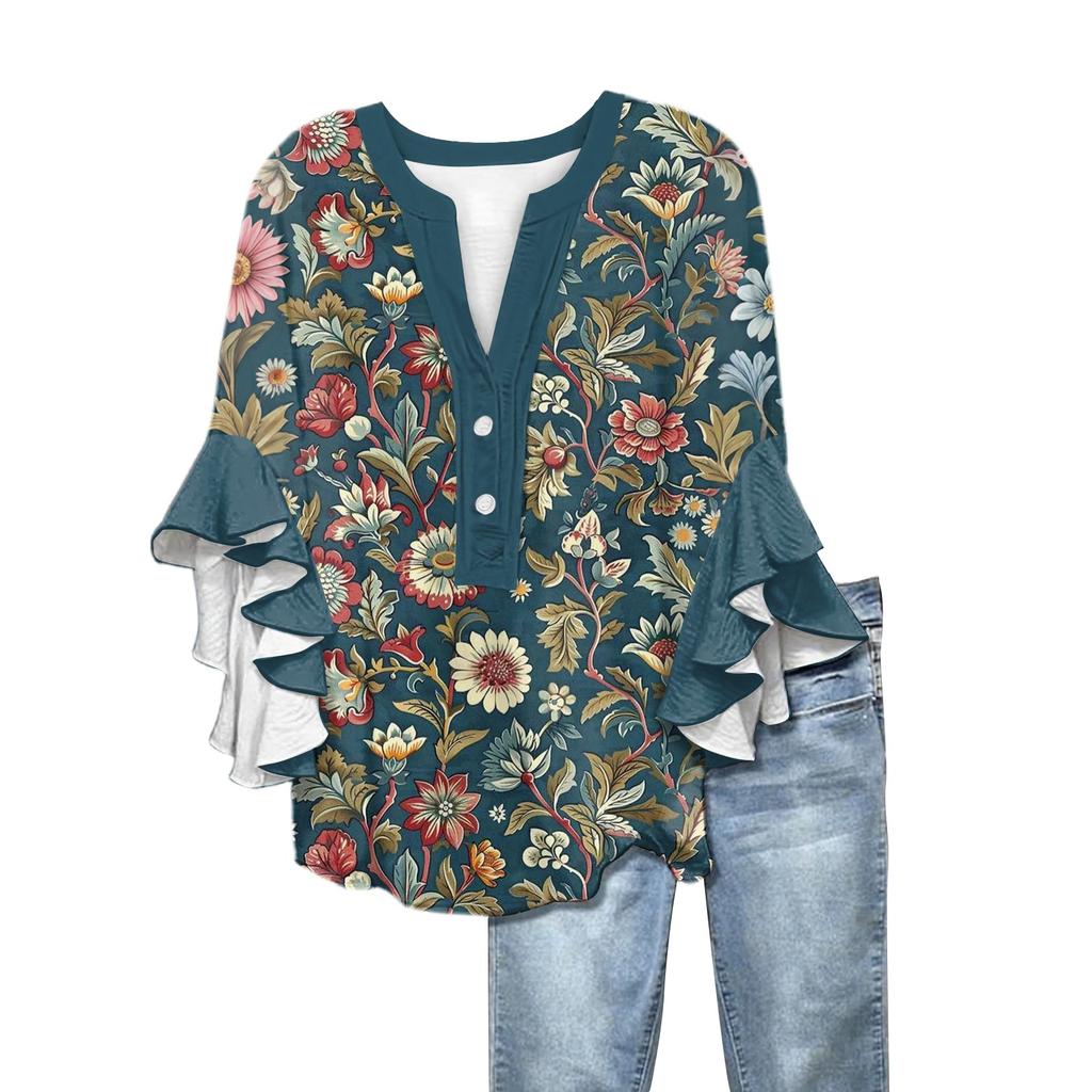 Summer Women's Tops V-Neck Seven Sleeve Shirt Spring Summer Floral Printed Tops Casual Shirt