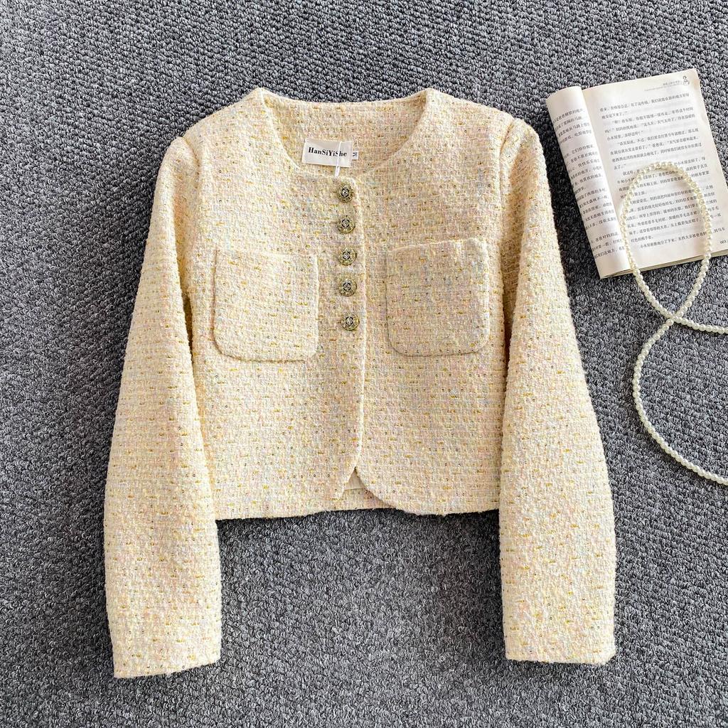 Autumn Winter Women Elegant Little Fragrant Wind Full Sleeve Single Breasted Tweed Short Jacket Coat With Pocket