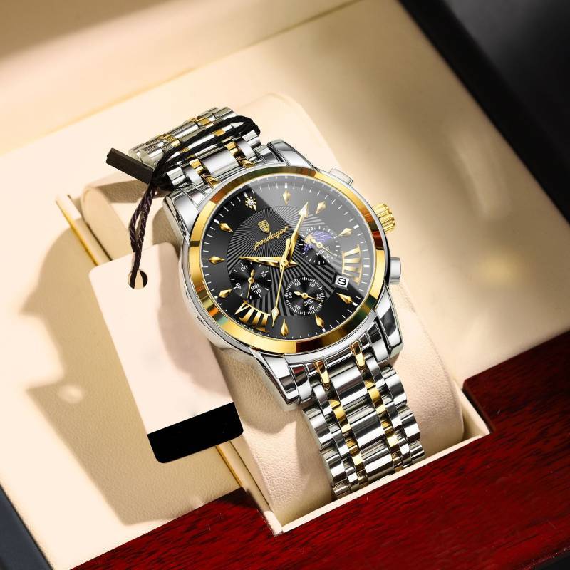 Swiss Mens Watch With Luminous Dial Moon Phase Chronograph For Sports And Casual Wear