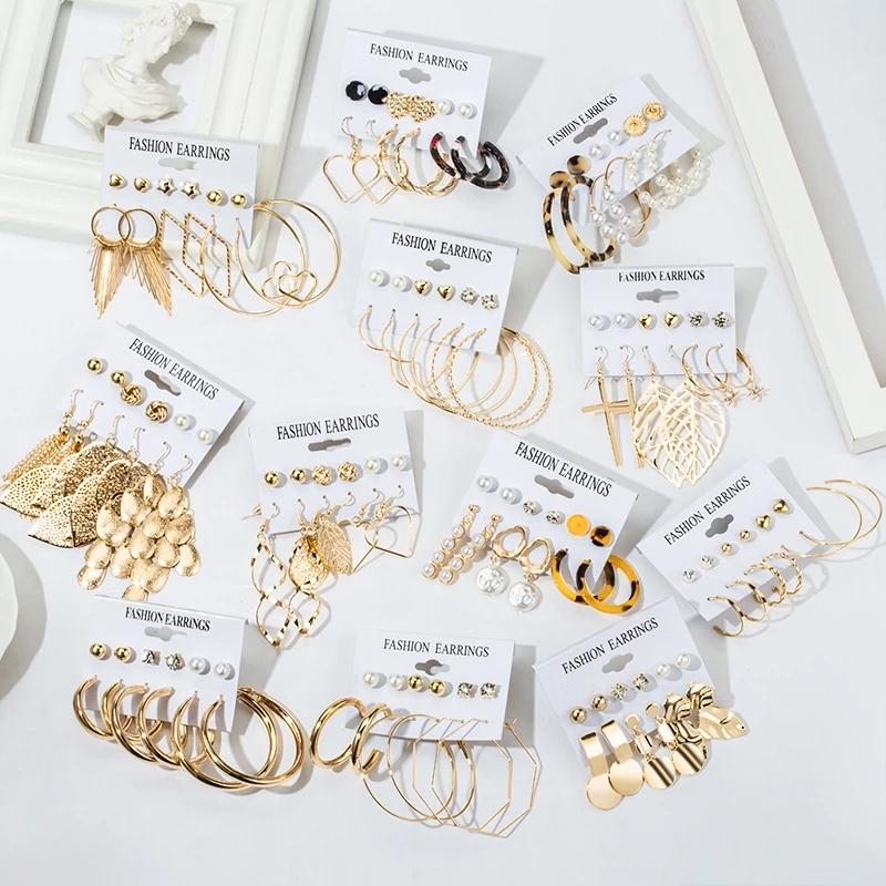 IF ME Korean Geometric Tassel Earring Set Simple Retro Leaf Heart Gold Earrings Jewelry Accessories