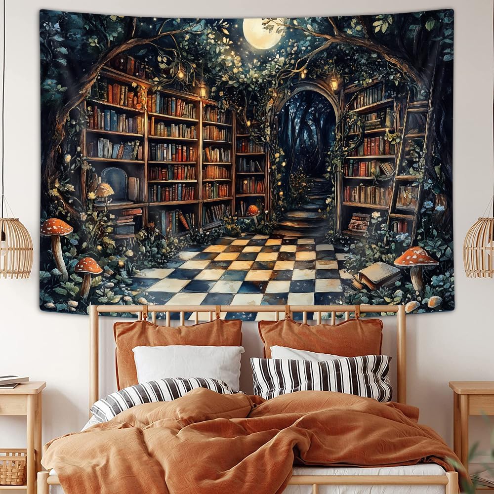 JAWO Fantasy Fairy Forest Tapestry Aesthetic, Witchy Mushroom Moon Vintage Library Nature Tapestry Wall Hanging for Bedroom, Dar