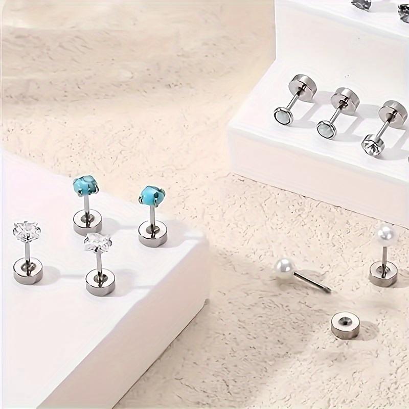 12 Pairs Stainless Steel Earrings Hypoallergenic 20G Medical Steel Cartilage Opal CZ Pearls Sleeping Earrings