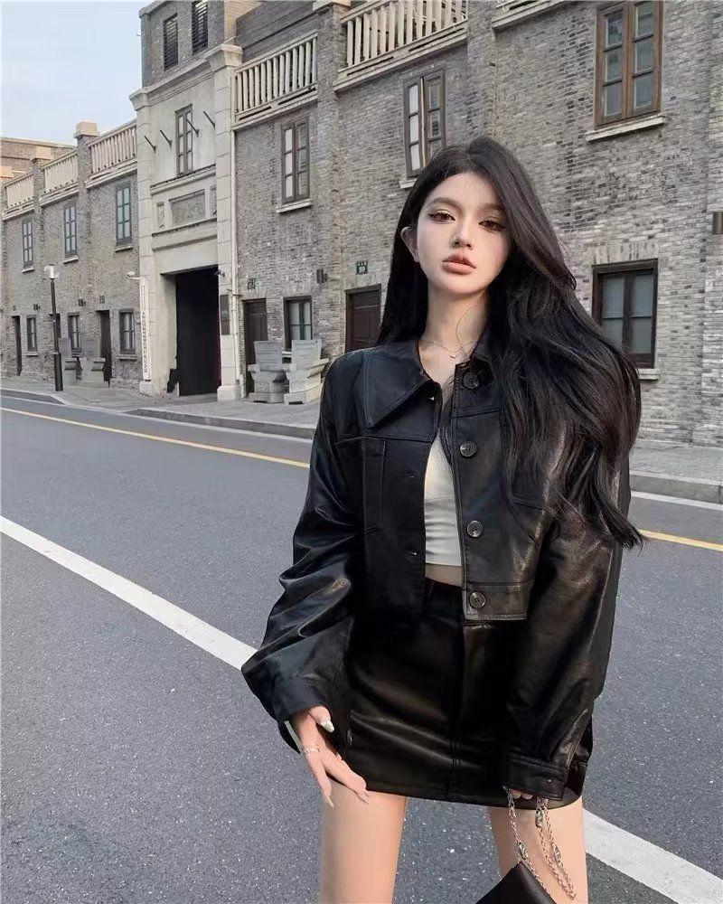 American Spicy Girl PU Leather High-Waisted A-Line Mini Skirt - Slimming, Sexy, Autumn/Winter Hip-Hugging Style for Women