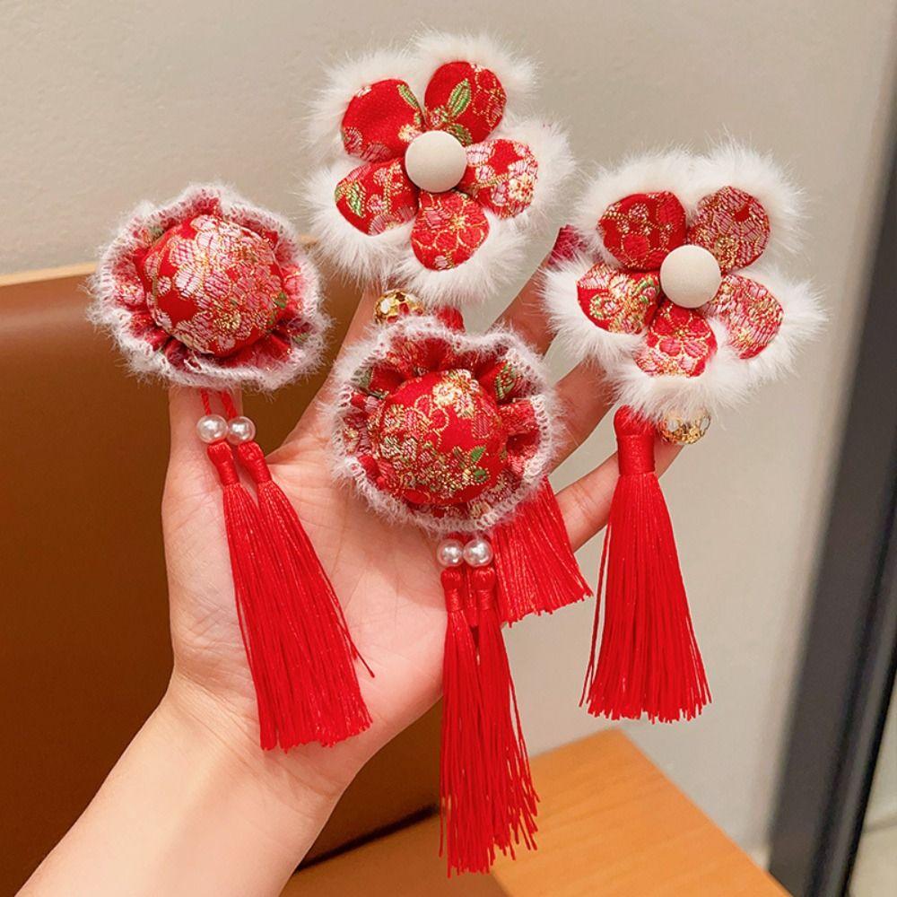 Tassel Children Red Bow Hairpin Plush Hanfu Hair Sticks Lovely Ancient Style Hairpin Children