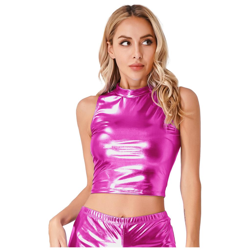 Women's Metallic Mock Neck Crop Top Faux Leather Vest Tops Glossy Rave Party Clubwear