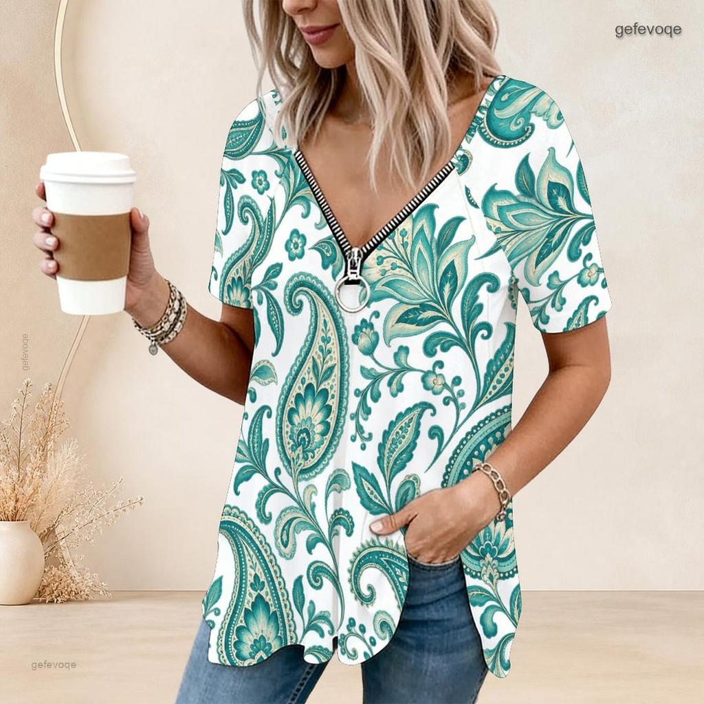 Women Plus Size Ethnic Printed V Neck Ring Zip Short Sleeve Loose Curved Hem Shirt