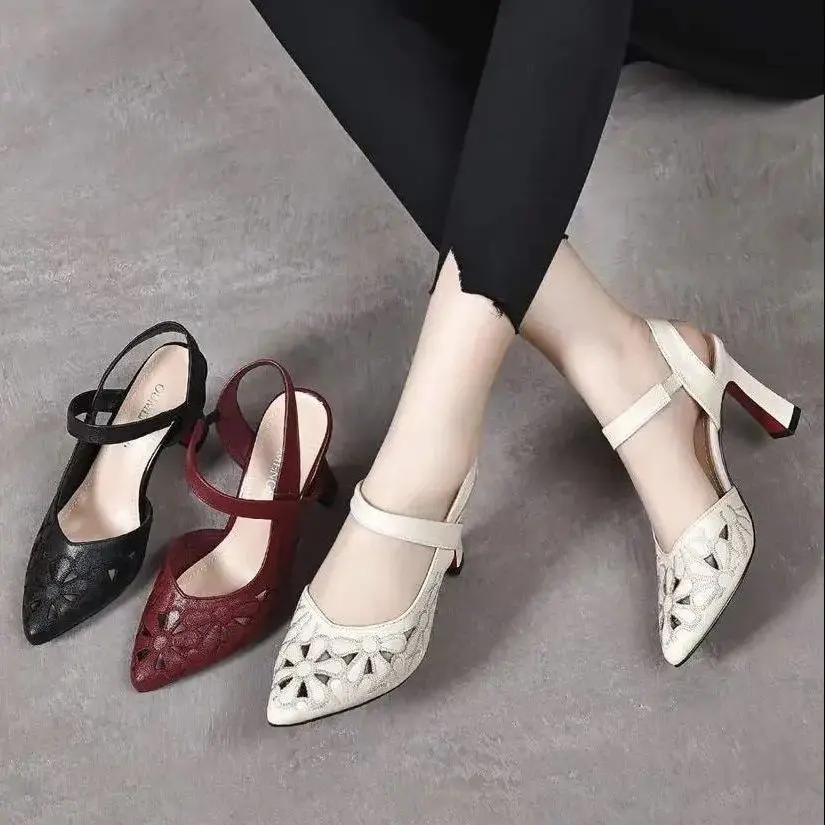 Fashion Red Footwear High Heels Pointed Toe Women's Shoes Medium Thick Heel Summer 2024 Buckles Leather One Word Sandals for Woman Korea