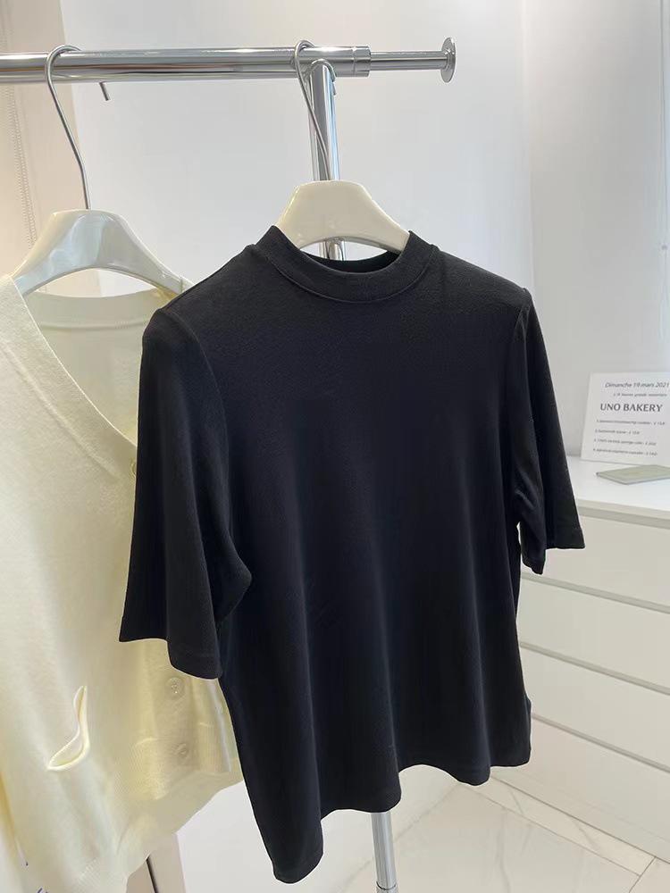 Women's Short-Sleeve, Half-High Collar Brushed T-Shirt - Chic, Thickened Base Layer