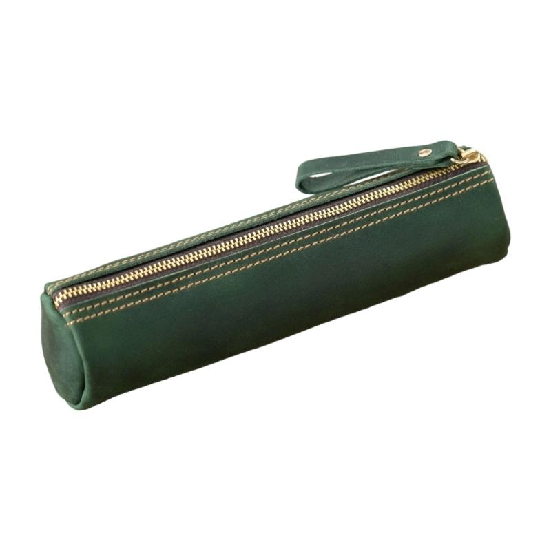Genuine Leather Pen Case Zippered Pencil Pouches Spacious Storage Compartment For School Office Business Essential