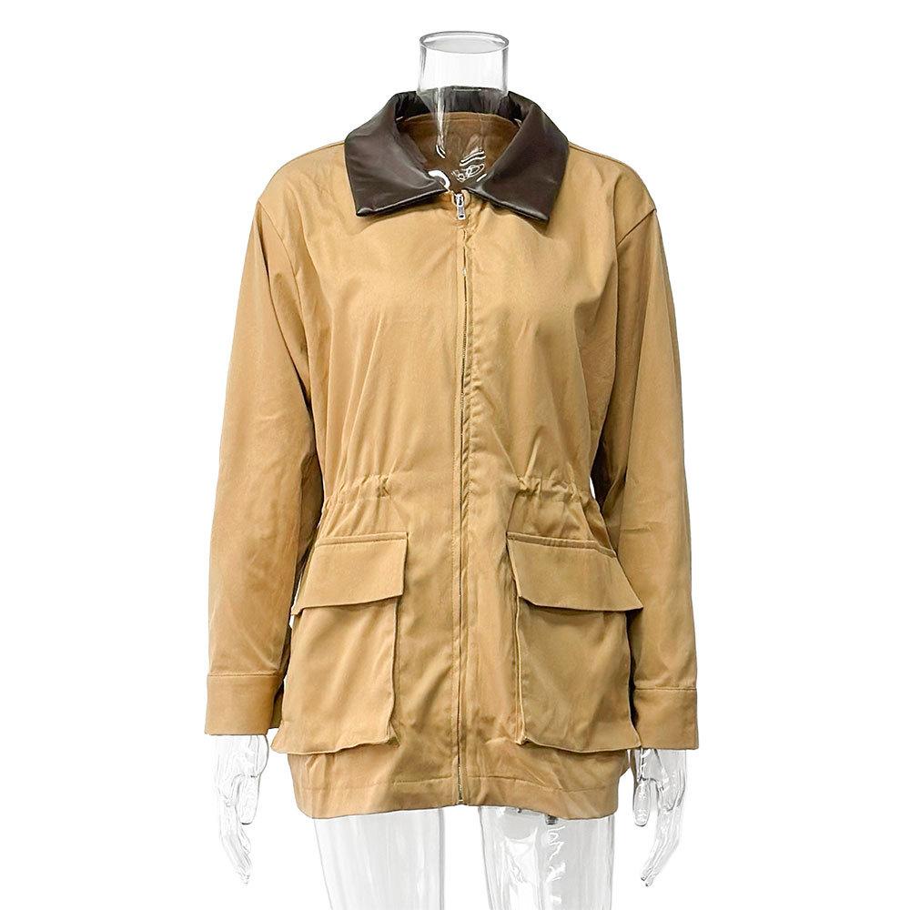 American retro versatile loose jacket stand-up collar lapel jacket casual khaki lapel trench coat women s autumn and winter S хаки