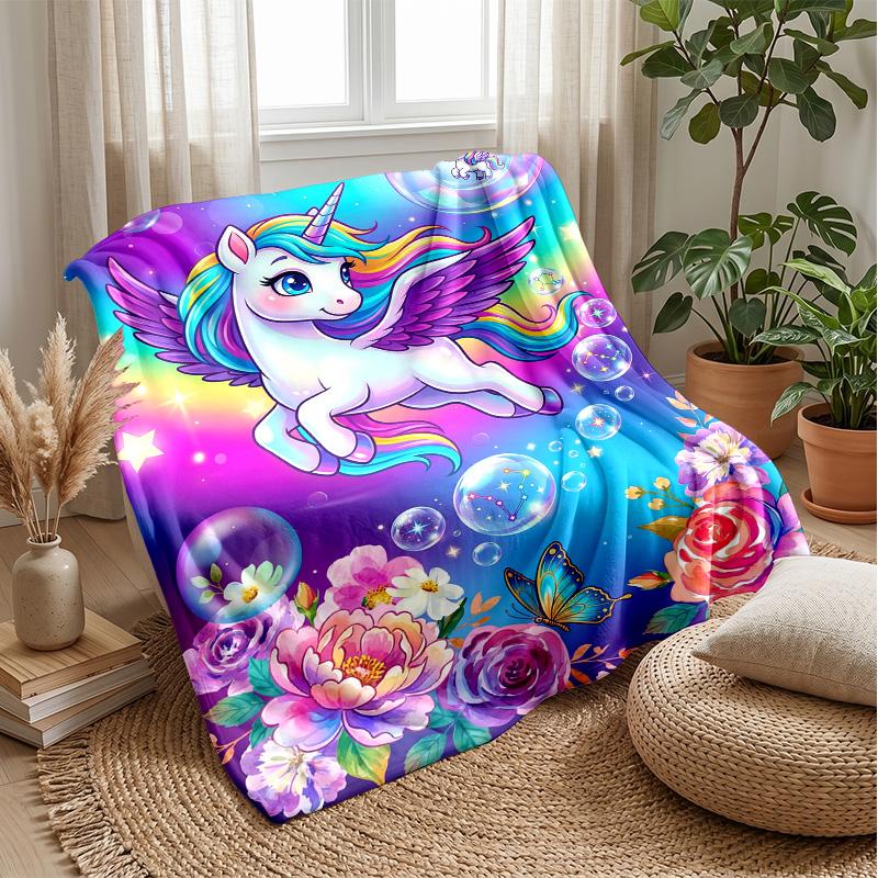 Fantasy Unicorn with Flowers Theme Blanket Lightweight Warm Flannel Blanket Decorative Throw Blanket for Home Decoration