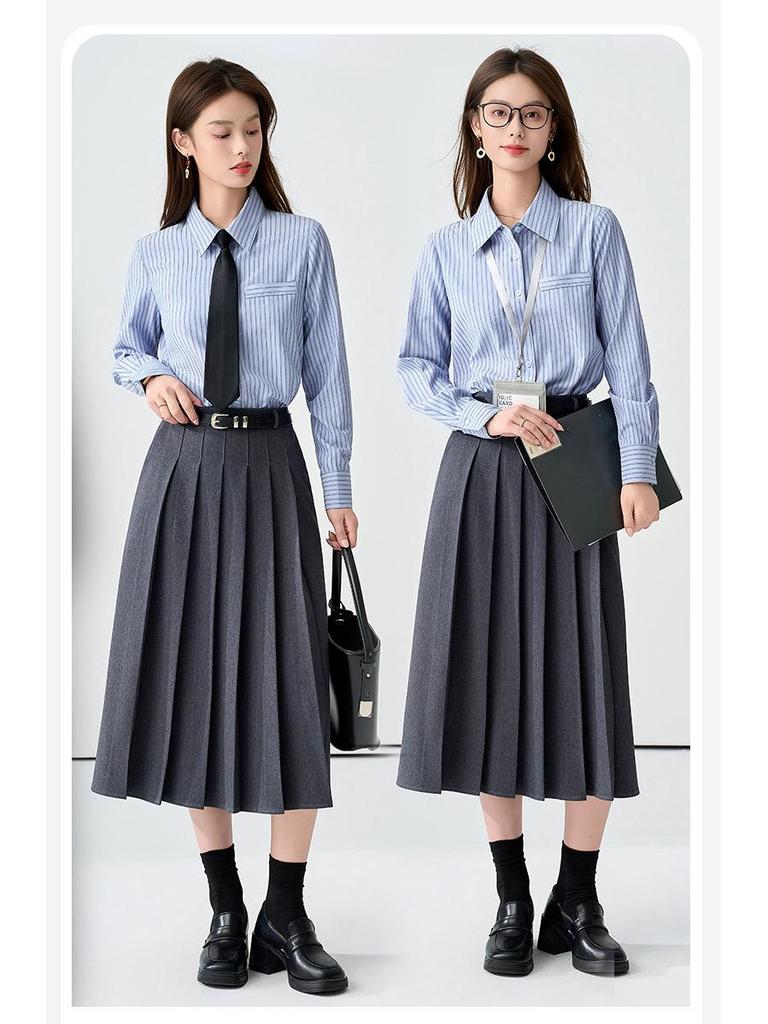 Women's Blue Striped Slim Fit College Shirt for Petite Students