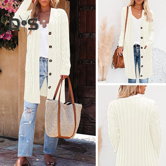 Women Sweater Cardigan V-neck Long Sleeve Twist Texture Knitting Tops with Pockets Solid Color Button-Up Knitting Jacket